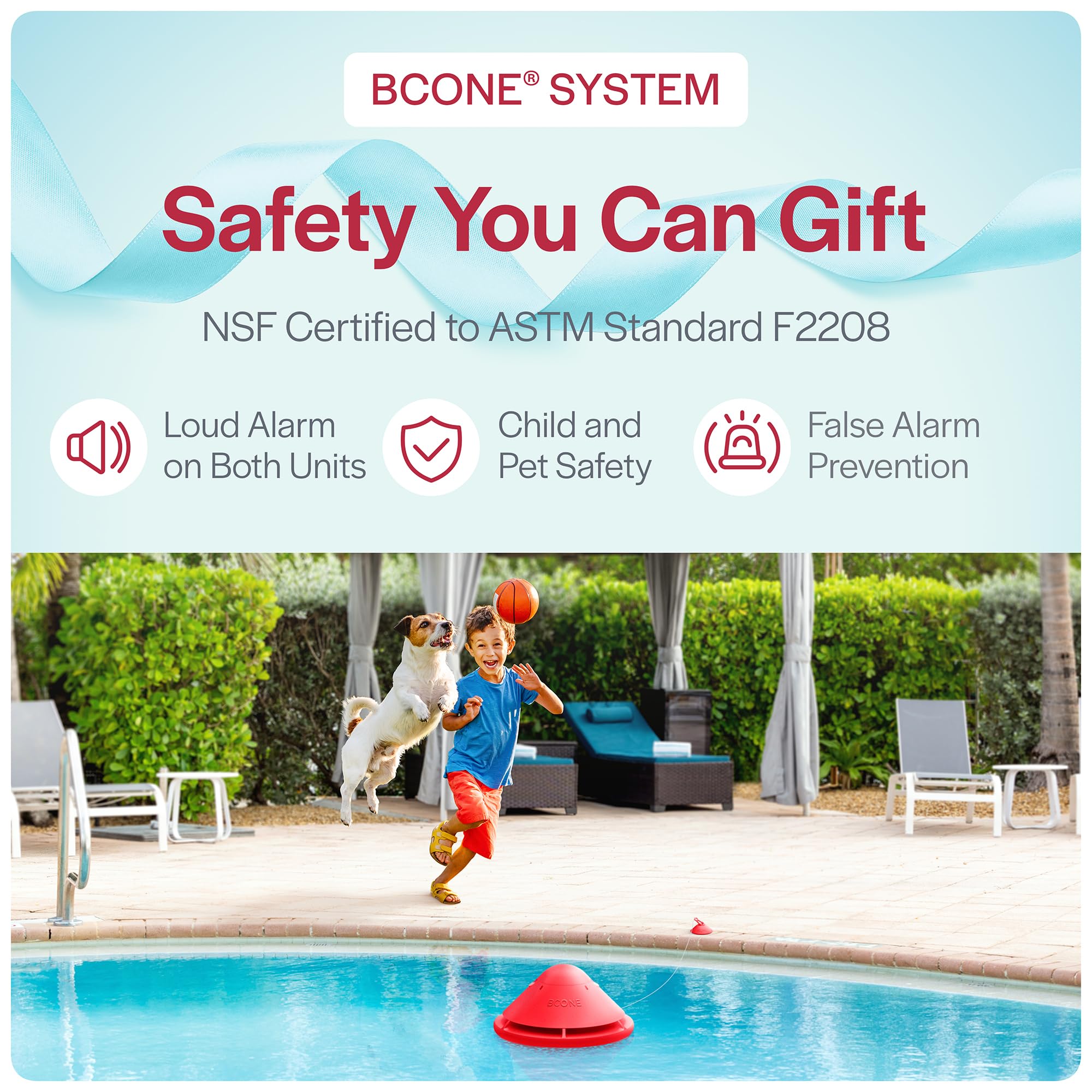 Lifebuoy BCONE IP68 durable materials withstand outdoor pool environments.