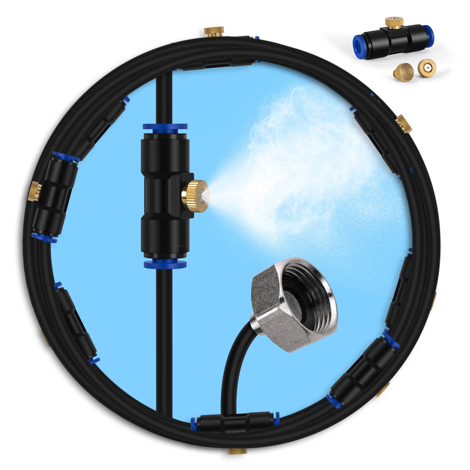 lifeegrn misting system on patio with 60 ft line provides cooling.