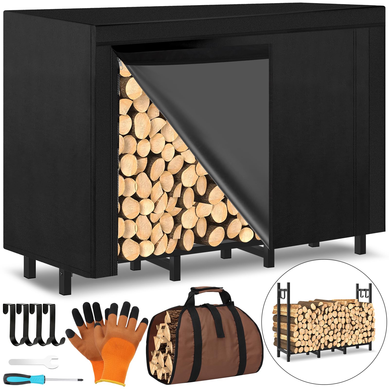 LifeisLuck 4ft outdoor firewood rack front view with spacious storage and eight legs