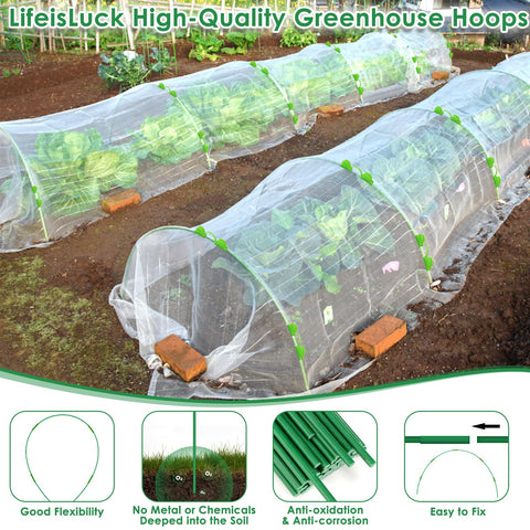 LifeisLuck rust-free fiberglass hoops in use protect plants during variable weather.