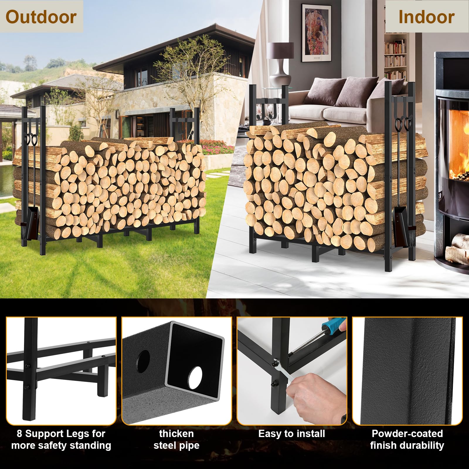 LifeisLuck firewood rack eight-leg stability assembly close-up