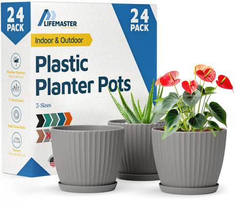 Lifemaster gray 6-inch pot with drainage and saucer, ideal for healthy roots.
