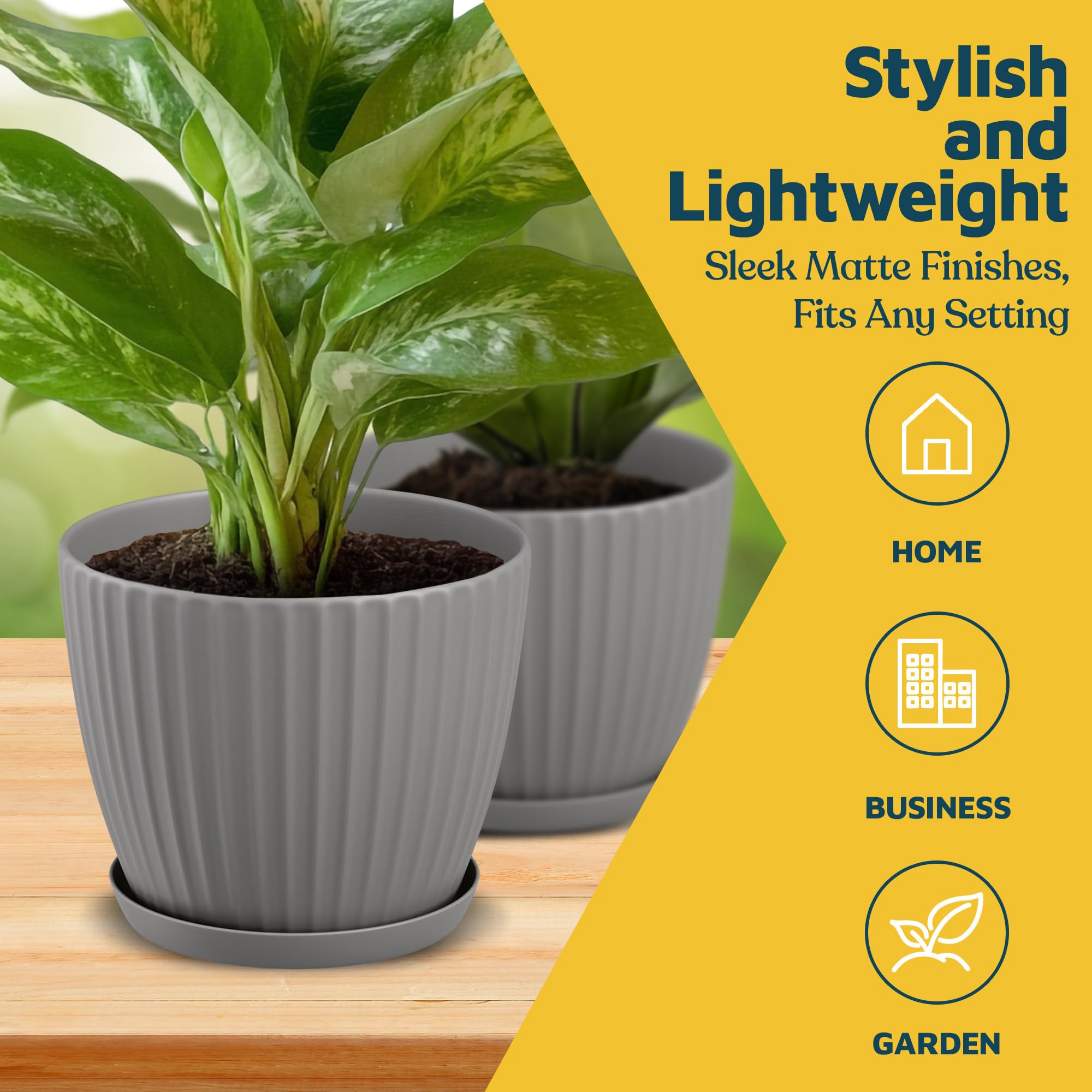 Lifemaster gray 6-inch pot in sturdy PP plastic withstands outdoor use.