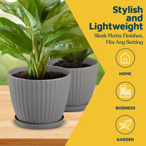 Lifemaster gray 6-inch pot in sturdy PP plastic withstands outdoor use.