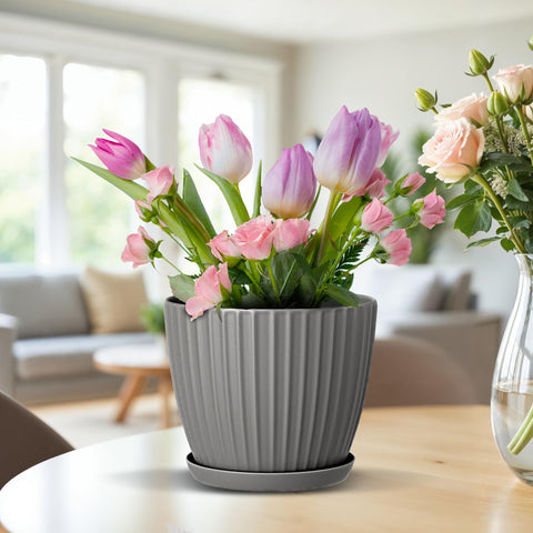 Lifemaster gray 6-inch pot supports flowers and houseplants.