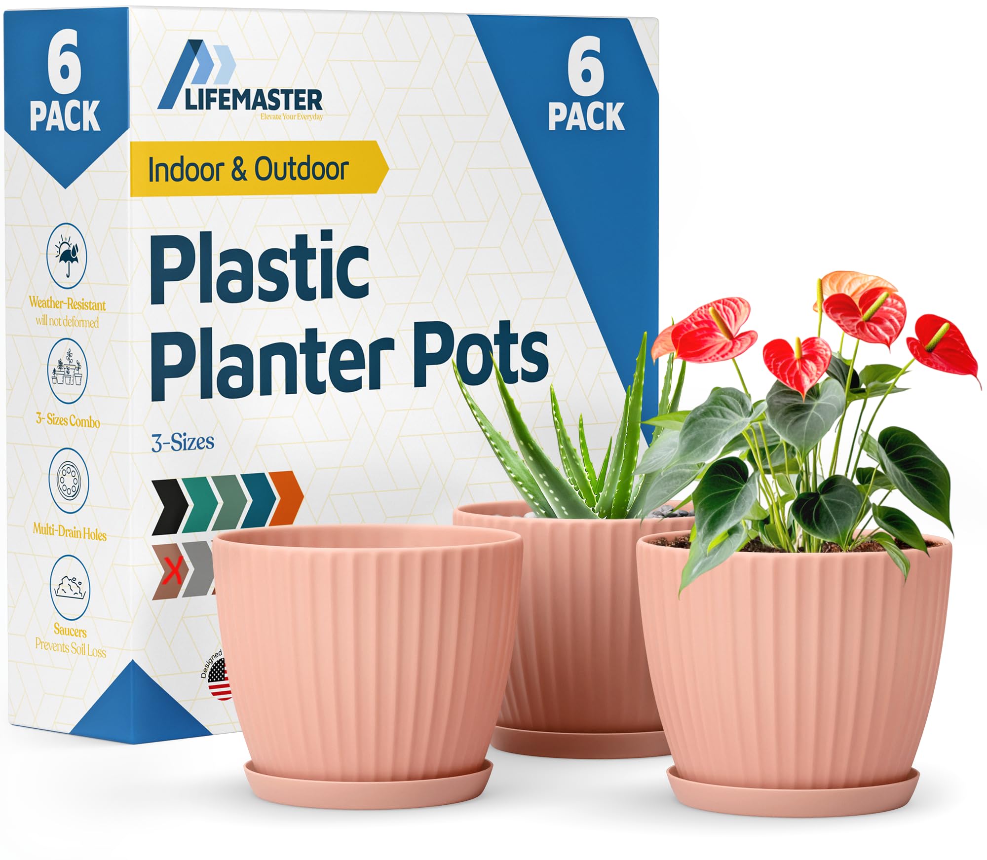 Lifemaster pink 6-inch plant pot with drainage holes for healthy roots.