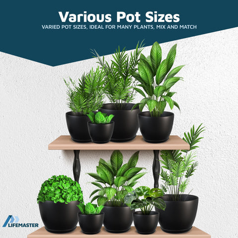 Lifemaster black plastic pots provide sleek decor for any space.