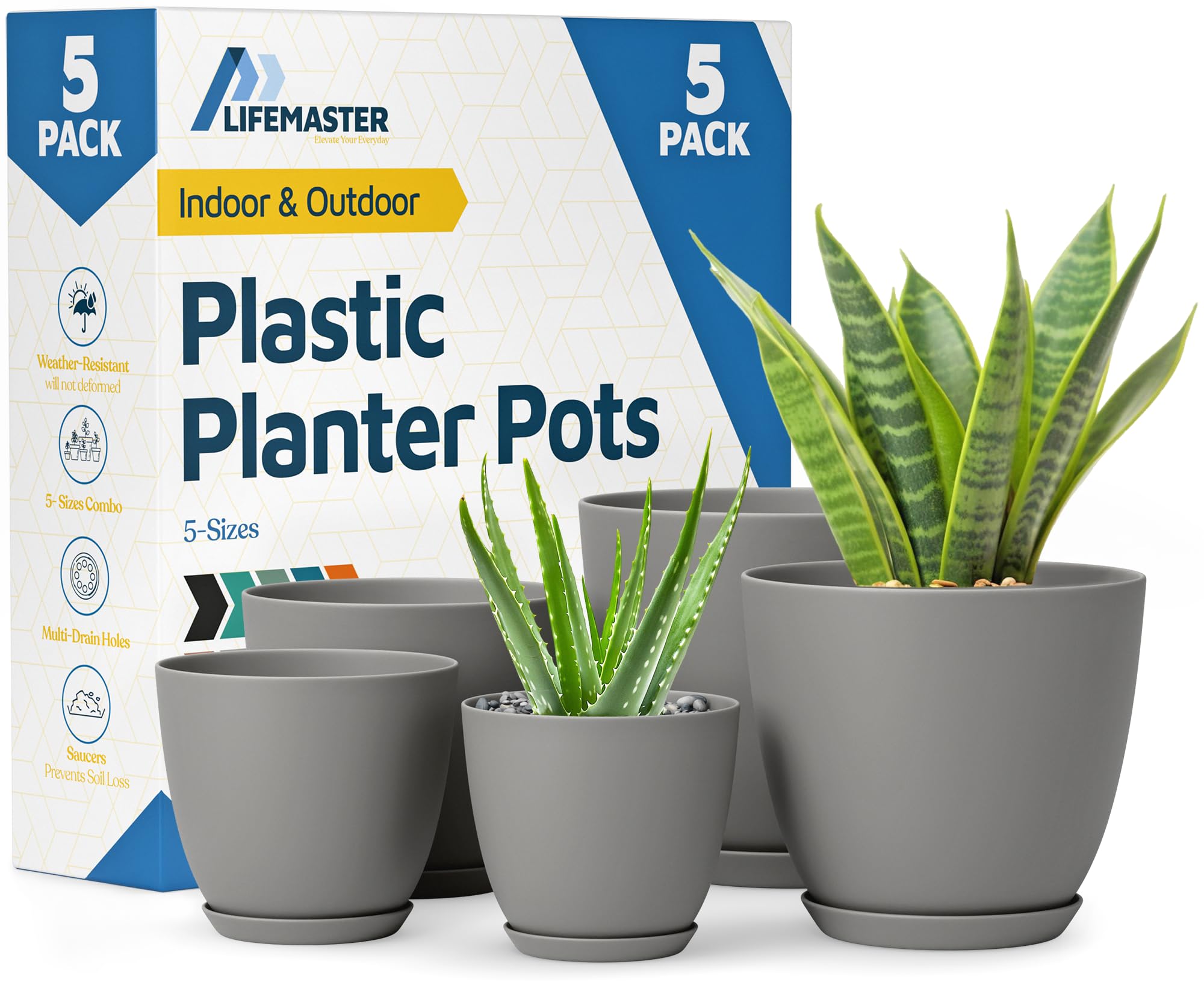 Lifemaster Planter pot, 7-inch diameter with drainage holes for improved drainage and root health.