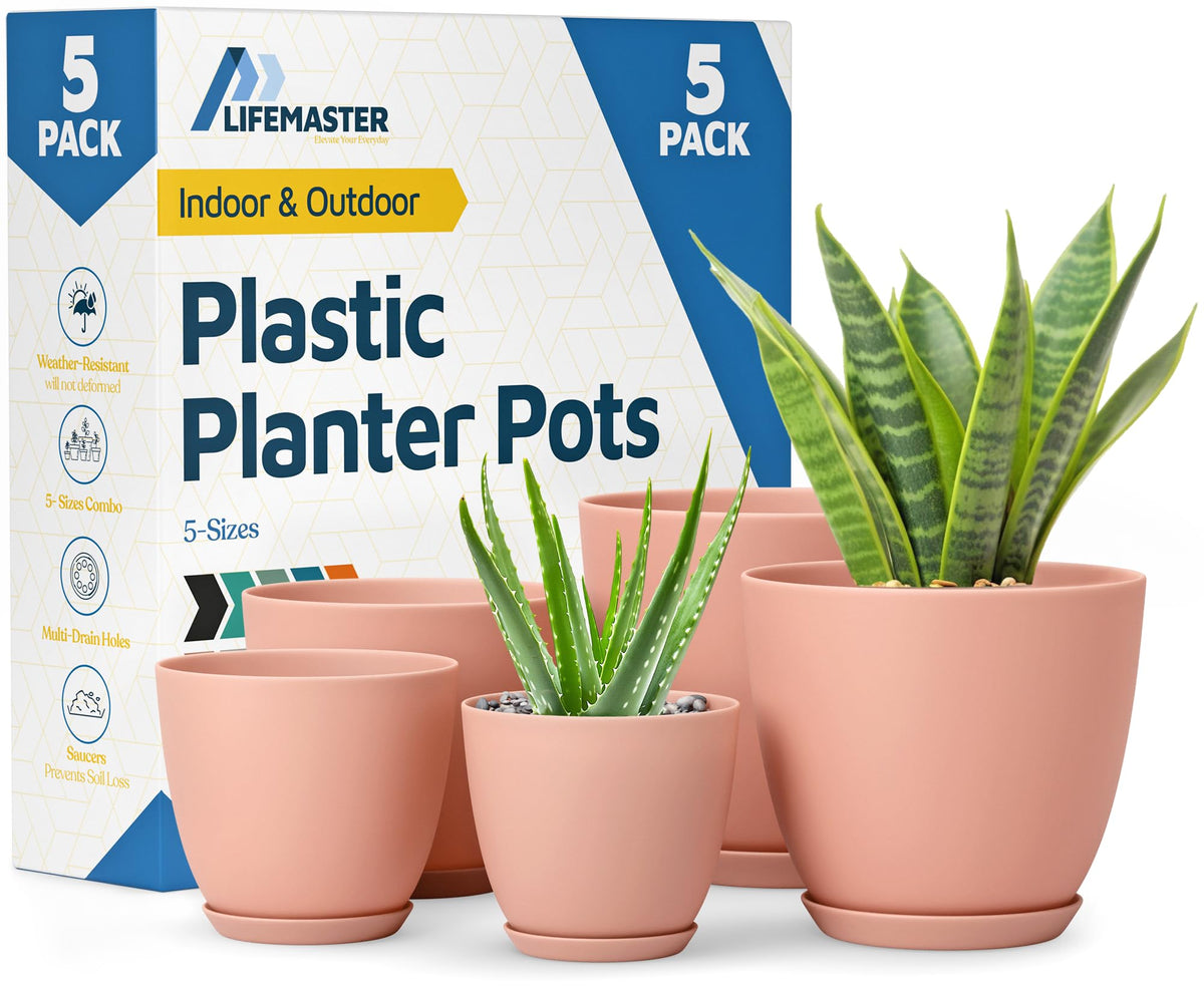 Lifemaster pink planter pots set of five in different sizes for indoor gardening.