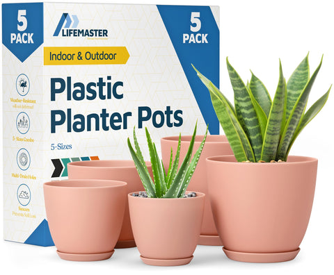 Lifemaster pink planter pots set of five in different sizes for indoor gardening.