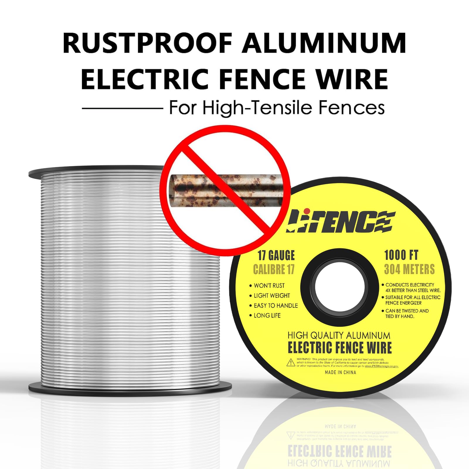 LIFENCE 17-gauge aluminum wire coil highlighting rust resistance and durability
