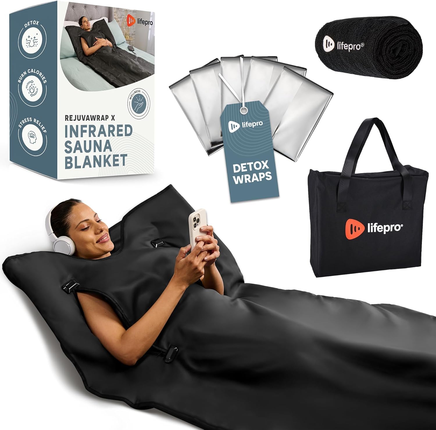 LifePro RejuvaWrap showing dual-zipper design for easy arm access during sessions