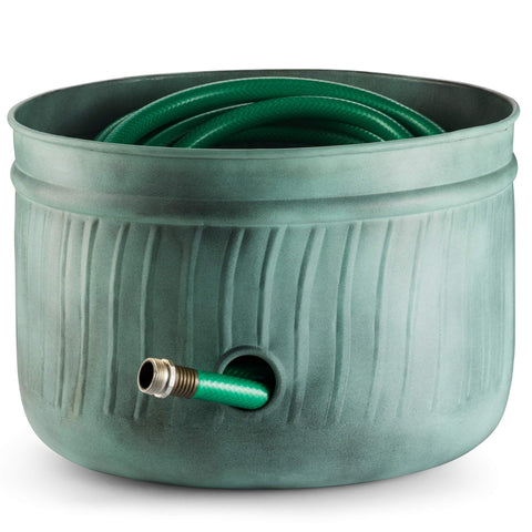 LifeSmart hose pot with lid side view highlighting durable antique finish for outdoor use