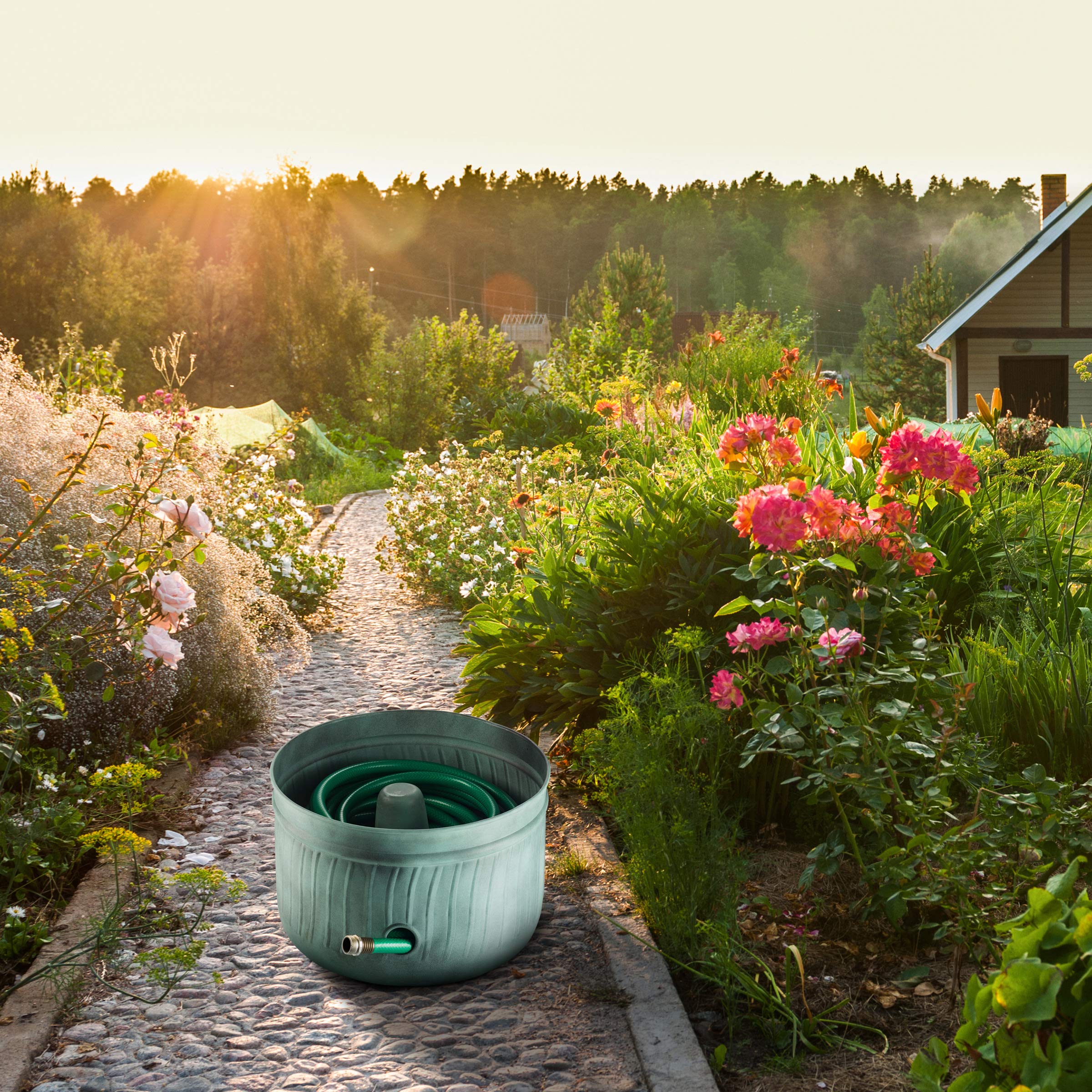 LifeSmart hose pot antique finish detail for decorative garden storage