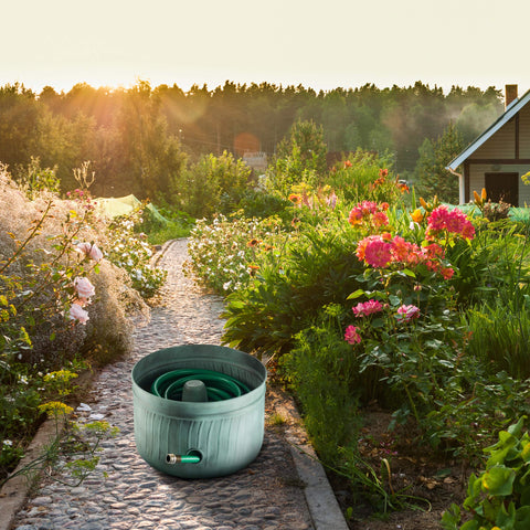 LifeSmart hose pot antique finish detail for decorative garden storage