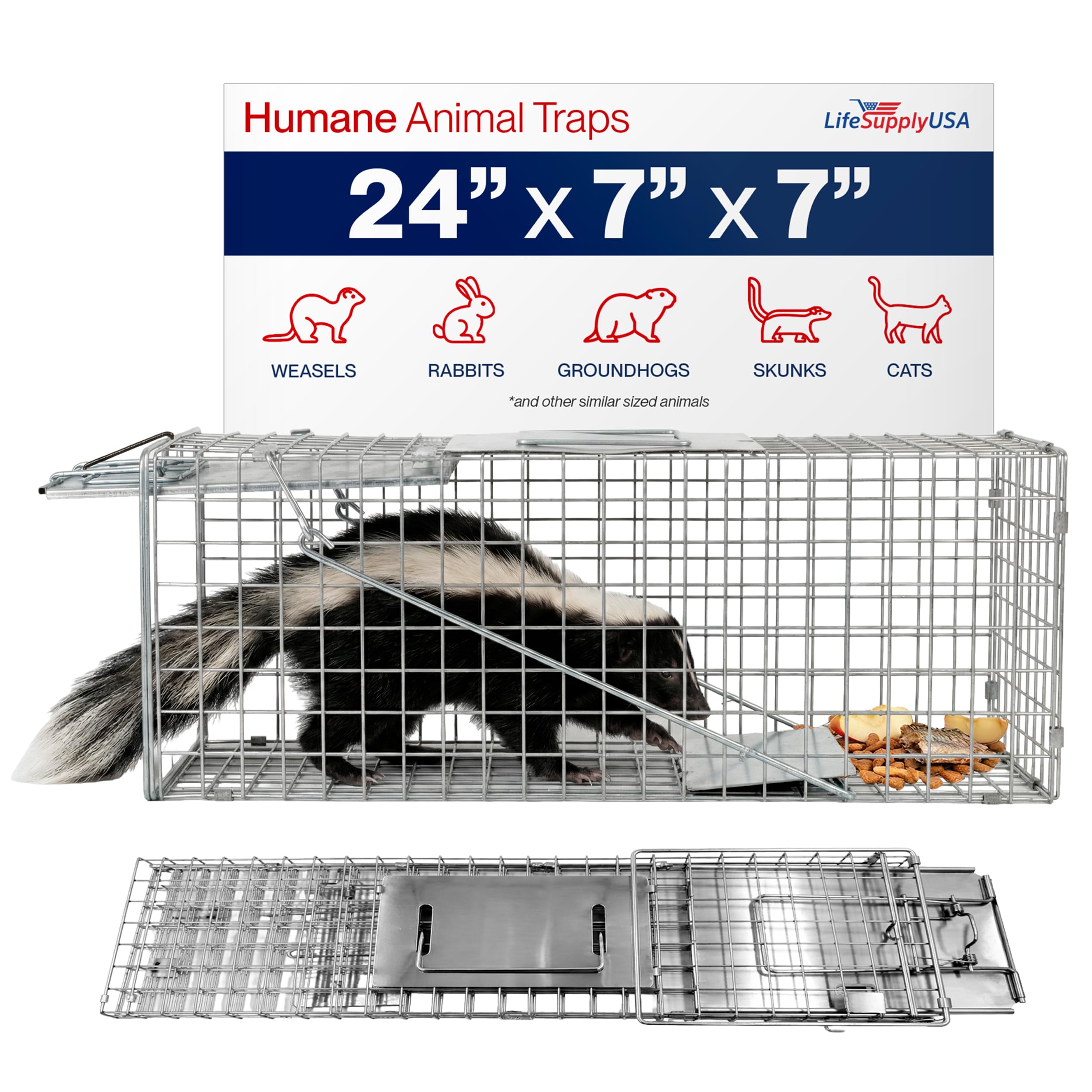 LifeSupplyUSA 24-inch humane cat trap collapsible design for safe relocation of stray cats.