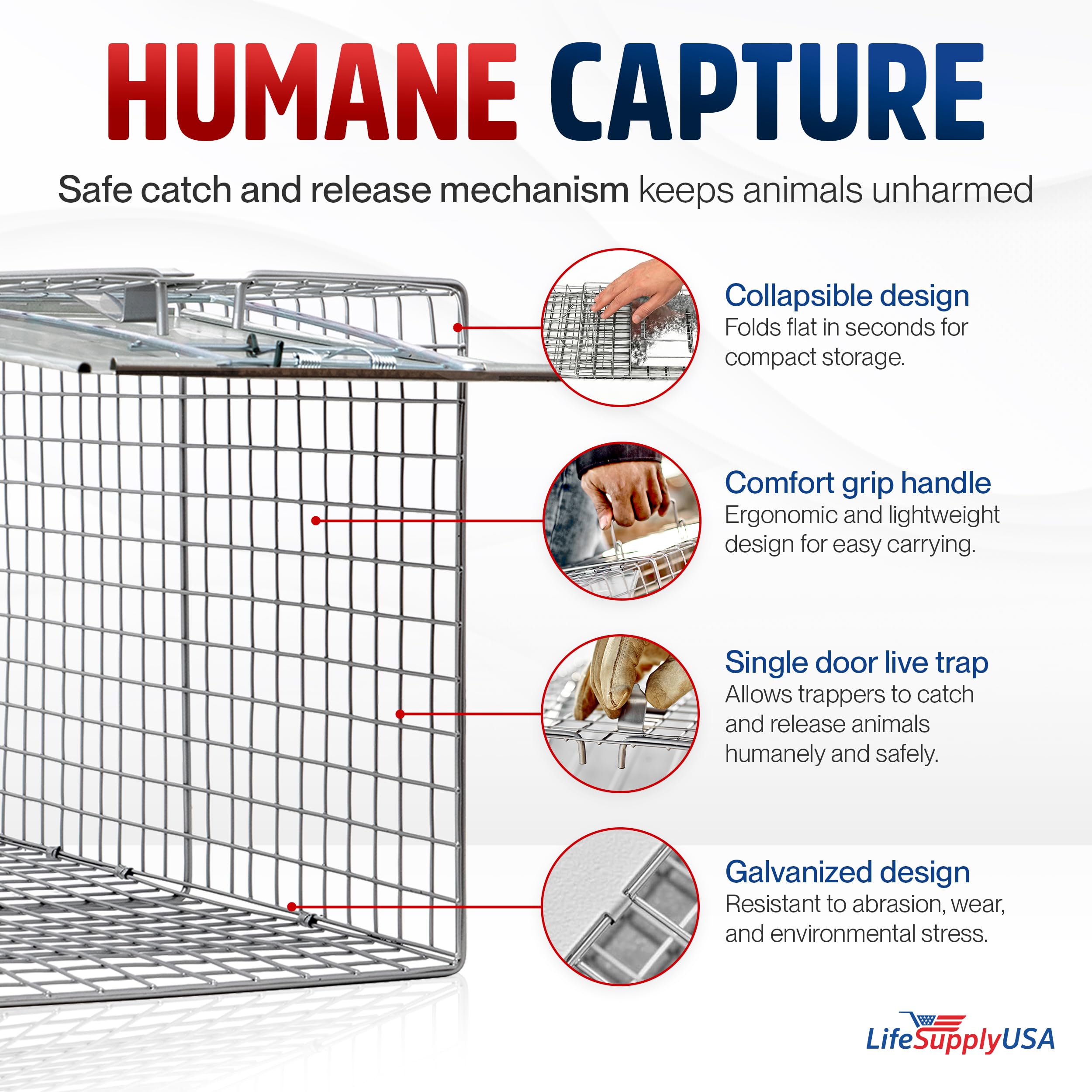 LifeSupplyUSA live animal trap with gravity-action door facilitates quick humane capture.