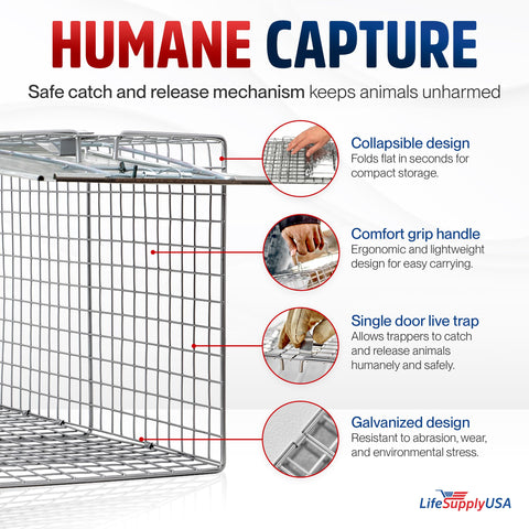 LifeSupplyUSA live animal trap with gravity-action door facilitates quick humane capture.