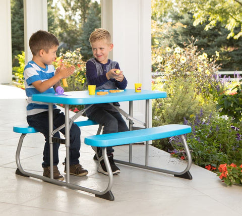 LIFETIME Kids Picnic Table Blue folded demonstrates compact storage and portability