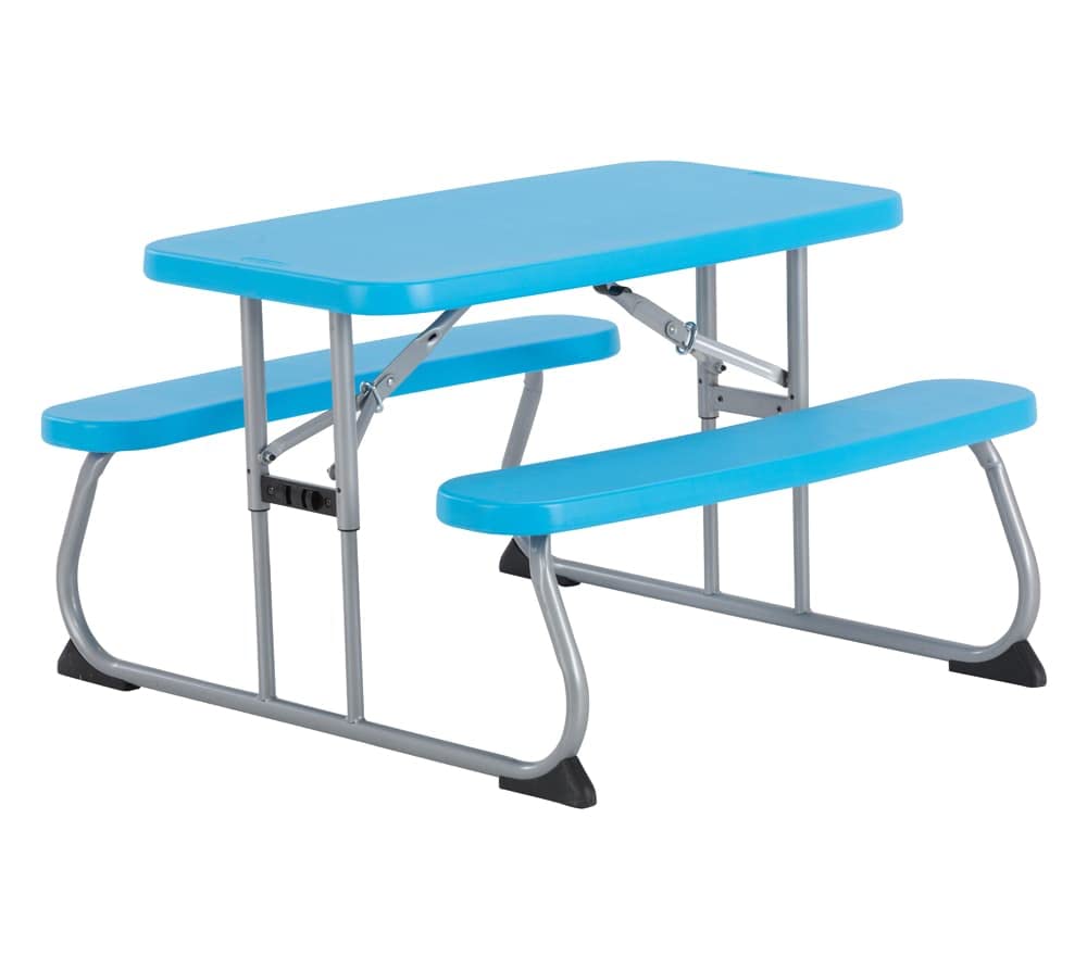 LIFETIME Kids Picnic Table Blue full view shows sturdy seating for up to four children
