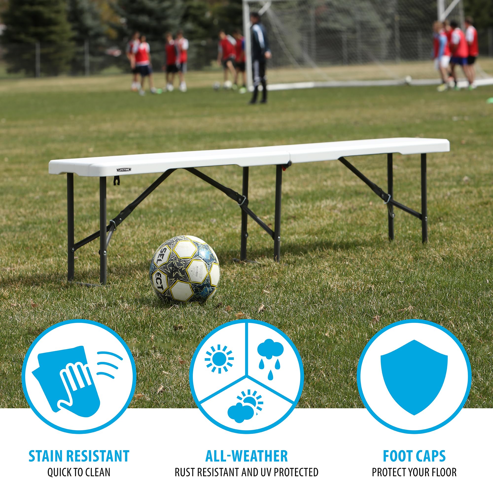 Stain-resistant seat keeps the bench looking clean after outdoor gatherings.