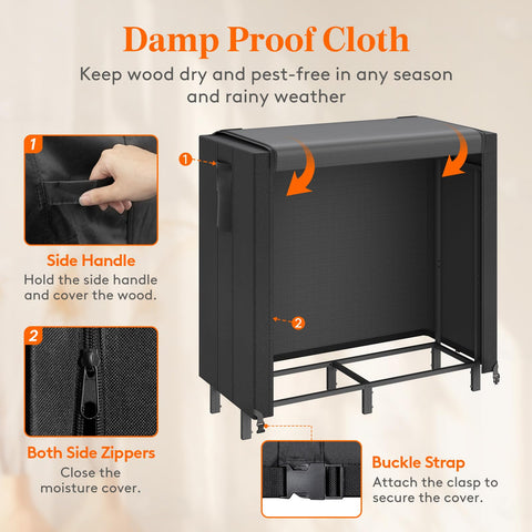 Lifewit firewood rack side-pocket detail for glove storage during fireside tasks.