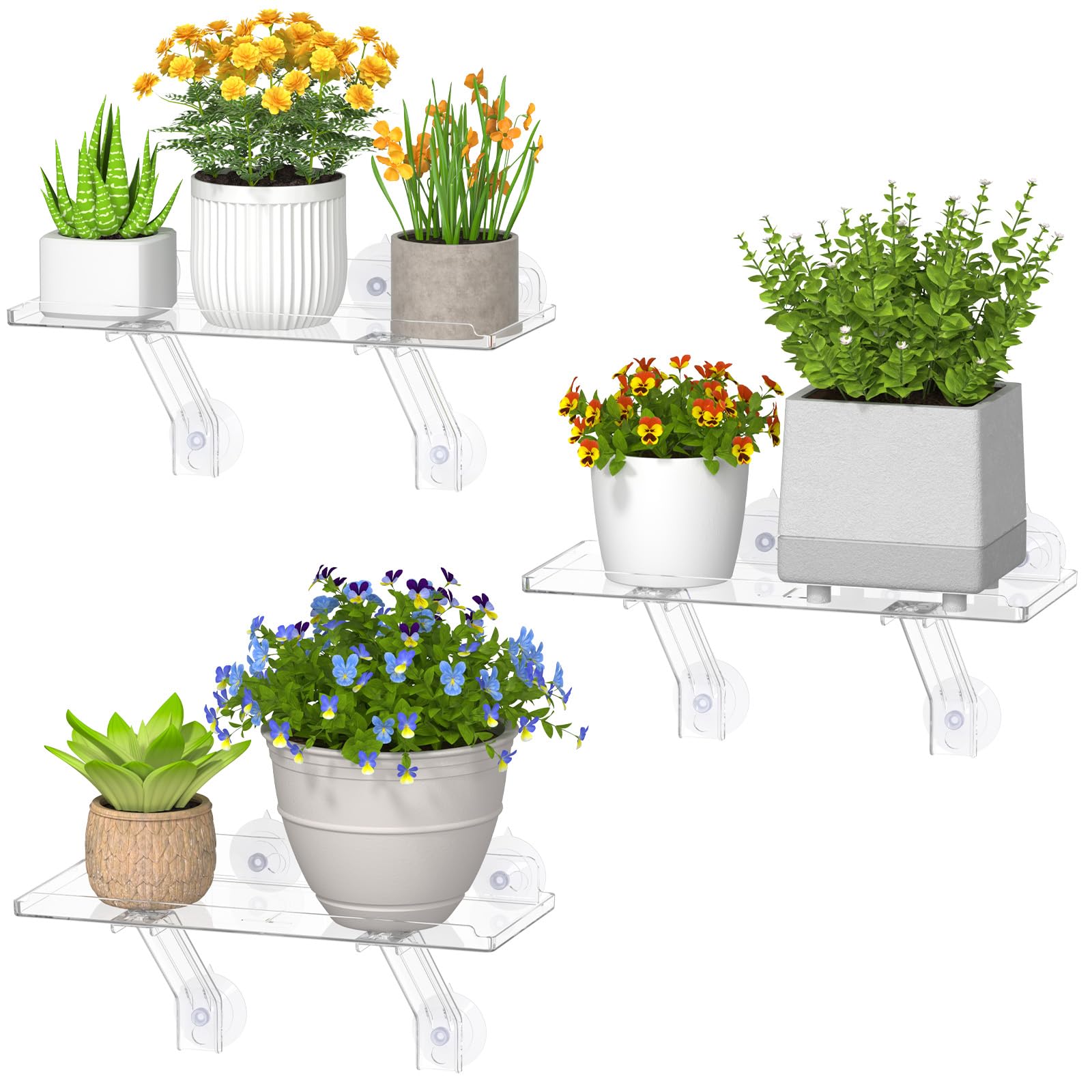Lifewit window shelf with 6-inch width securely supporting three pots