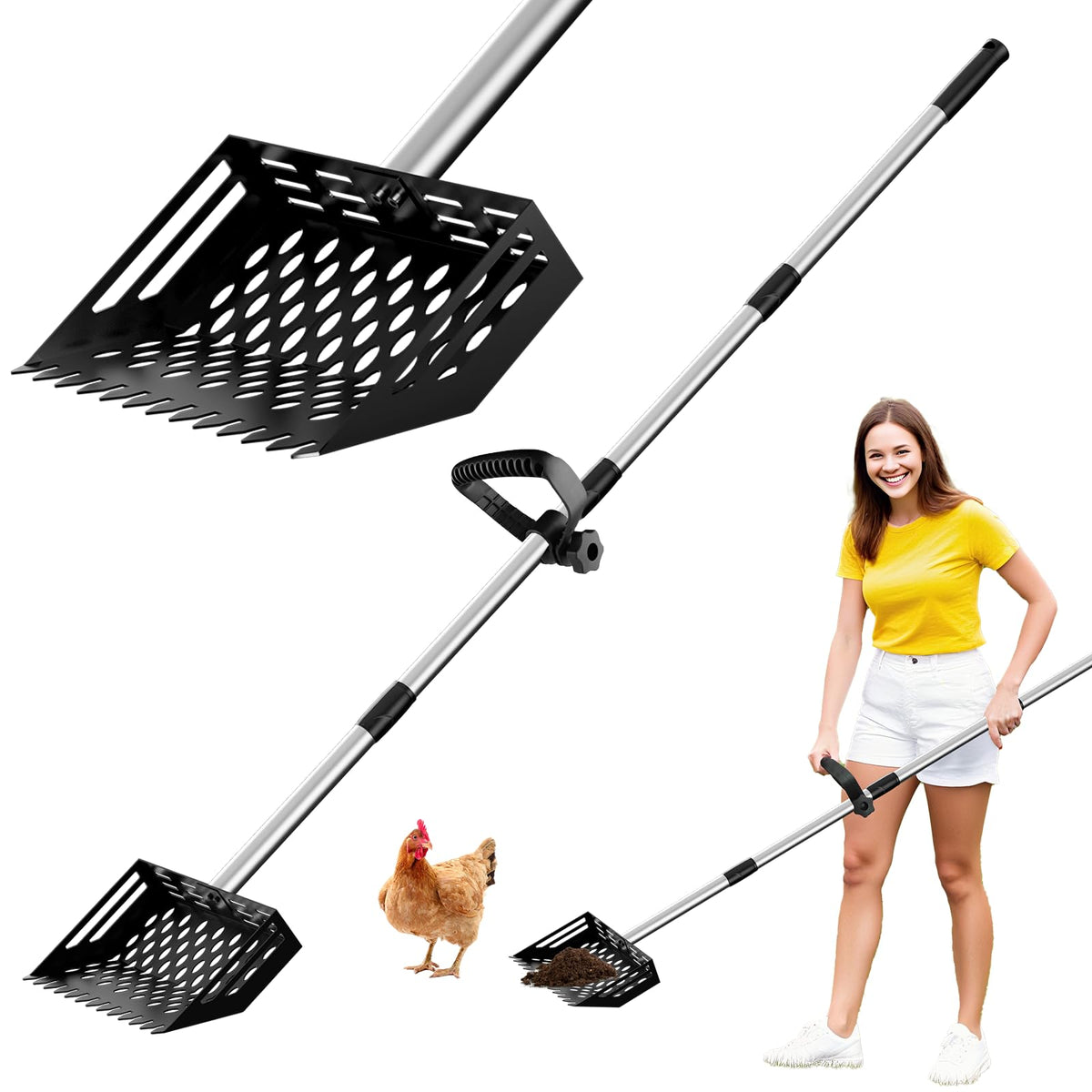 LIFFEE 2-in-1 chicken poop scooper and rake assembly for quick cleanup.