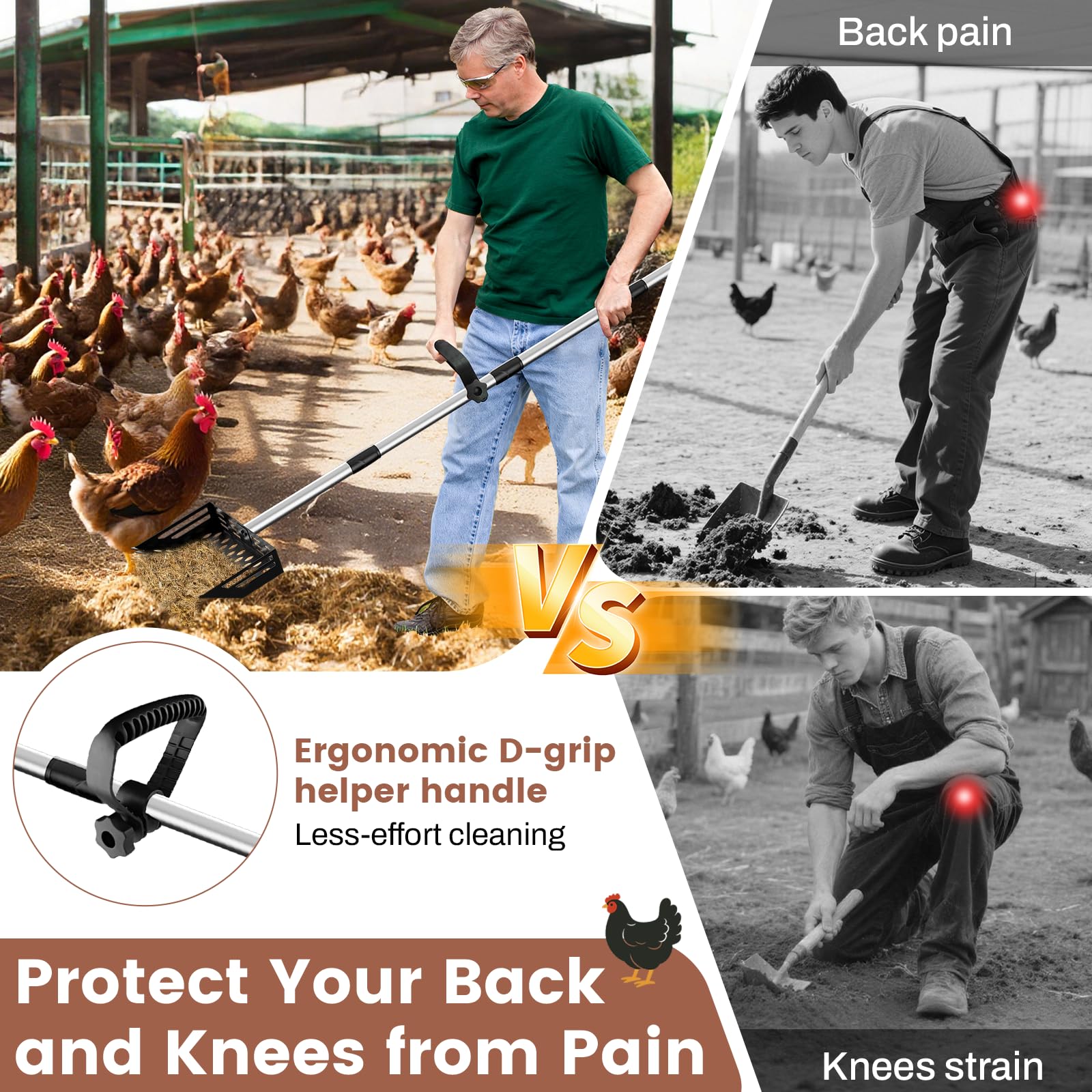 LIFFEE ergonomic rubber grip reduces fatigue during coop cleaning.
