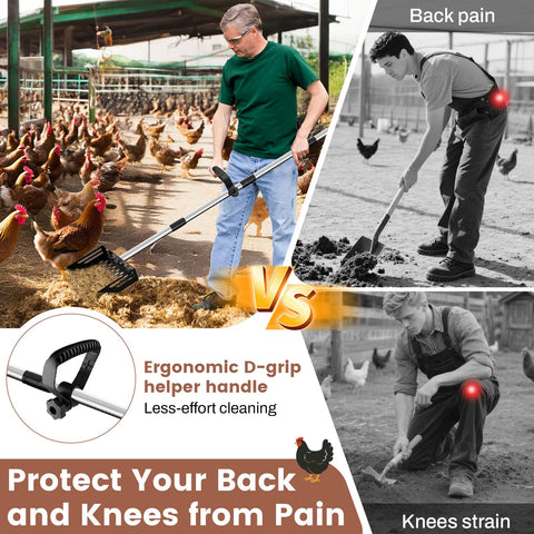 LIFFEE ergonomic rubber grip reduces fatigue during coop cleaning.