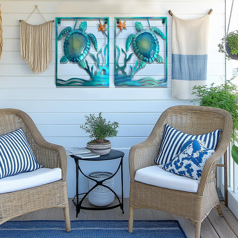 LIFFY framed turtle art provides a nautical focal point.