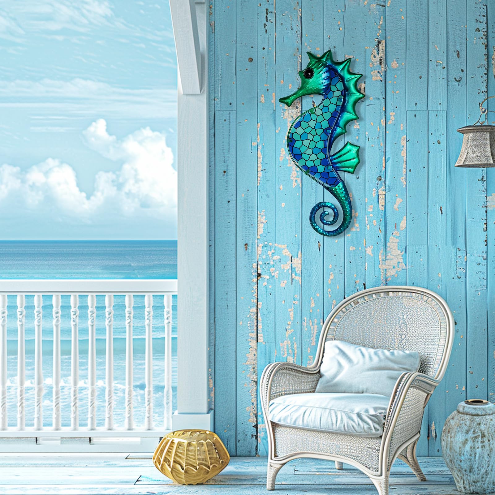 LIFFY handmade seahorse mosaic wall art brightens blue-toned walls.