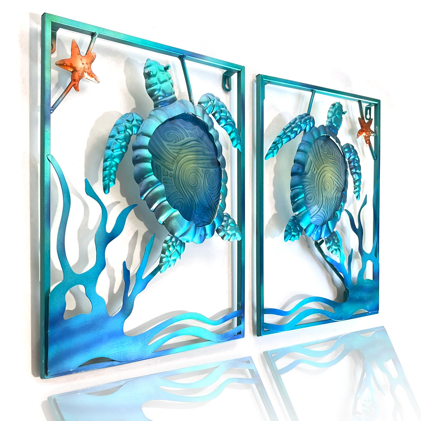 LIFFY metal sea turtle wall art duo in blue frame for outdoor decor.