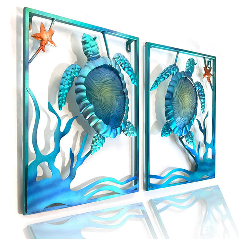 LIFFY metal sea turtle wall art duo in blue frame for outdoor decor.
