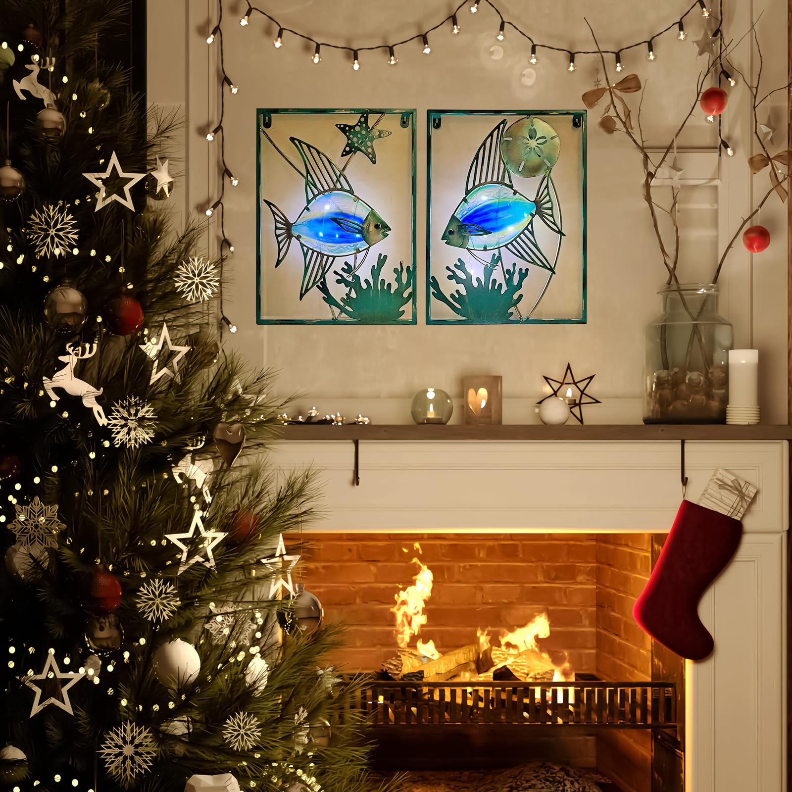 Liffy blue fish wall decor set for patio and poolside.
