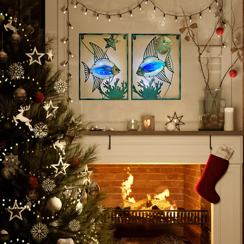 Liffy blue fish wall decor set for patio and poolside.