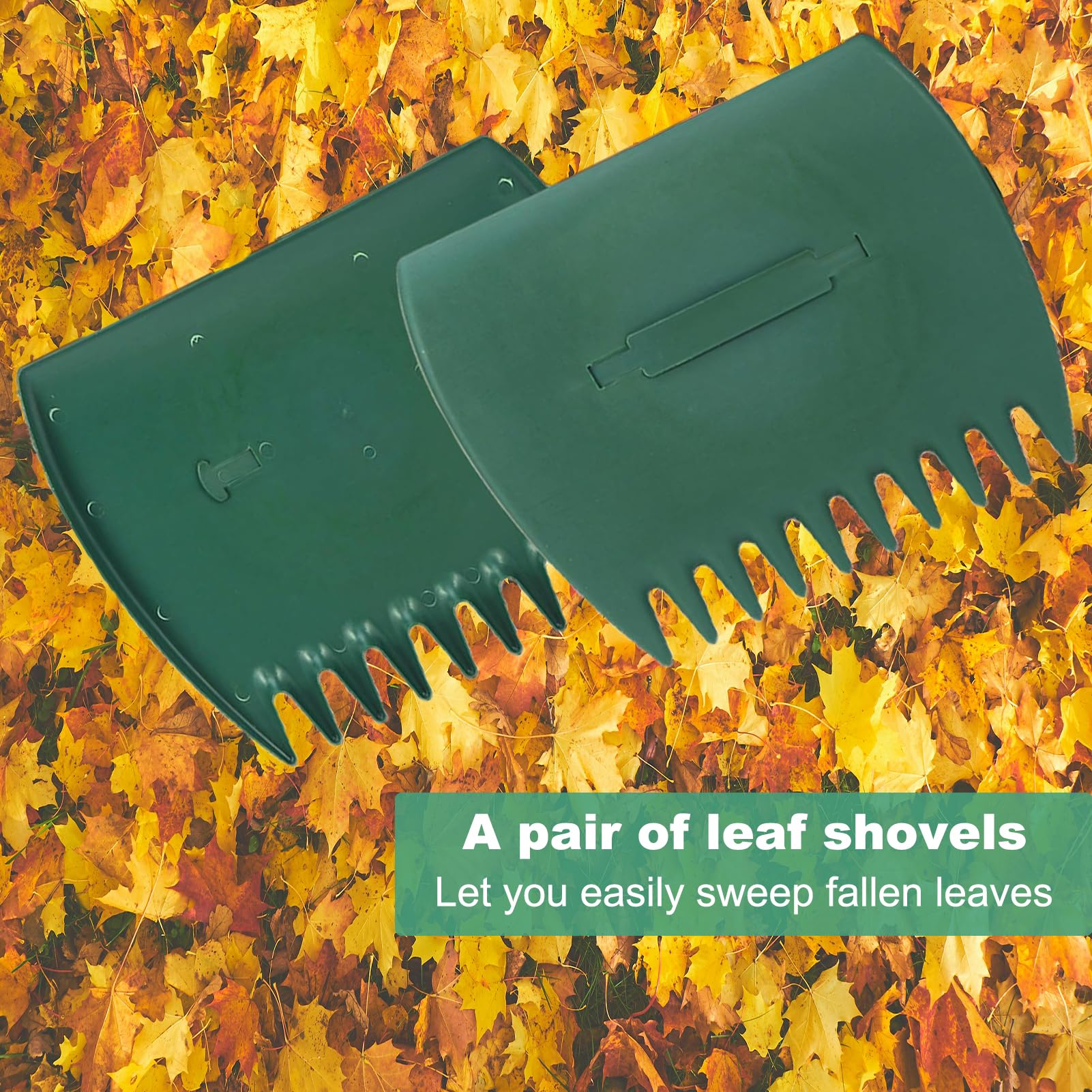 Versatile garden tool supports mulch spreading and fruit picking.