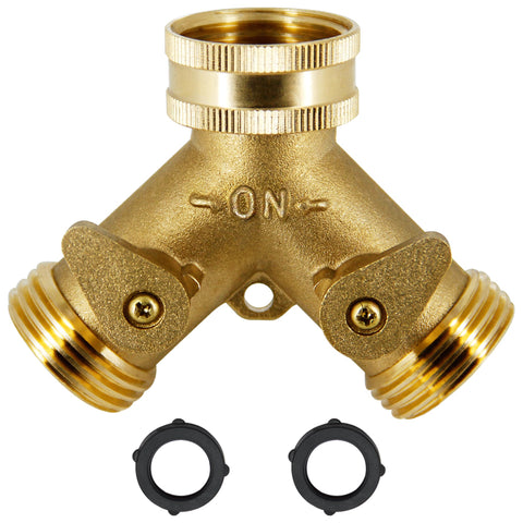 Lifynste 2-way brass hose splitter assembled on a faucet for efficient watering.