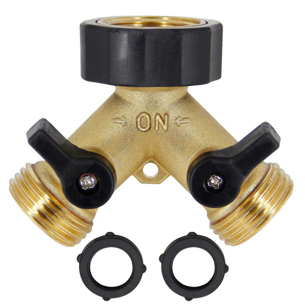 Lifynste 2 Way Brass Hose Splitter front view with dual outlets for independent control