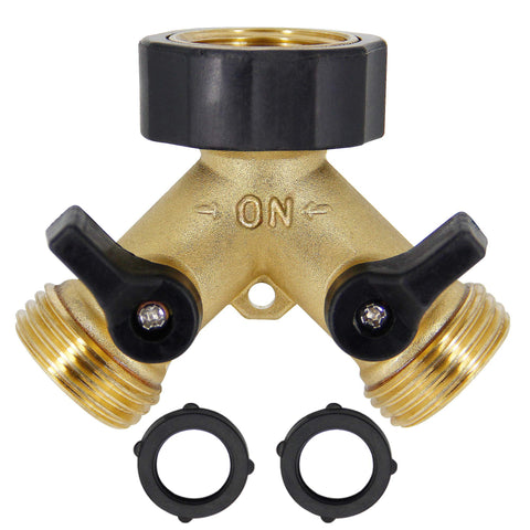 Lifynste 2 Way Brass Hose Splitter front view with dual outlets for independent control
