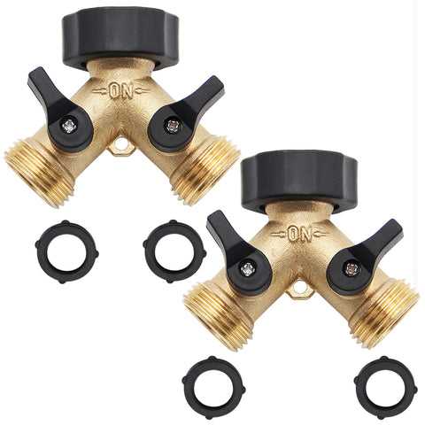Lifynste 2Way brass hose splitter front view showing dual outlets for independent control