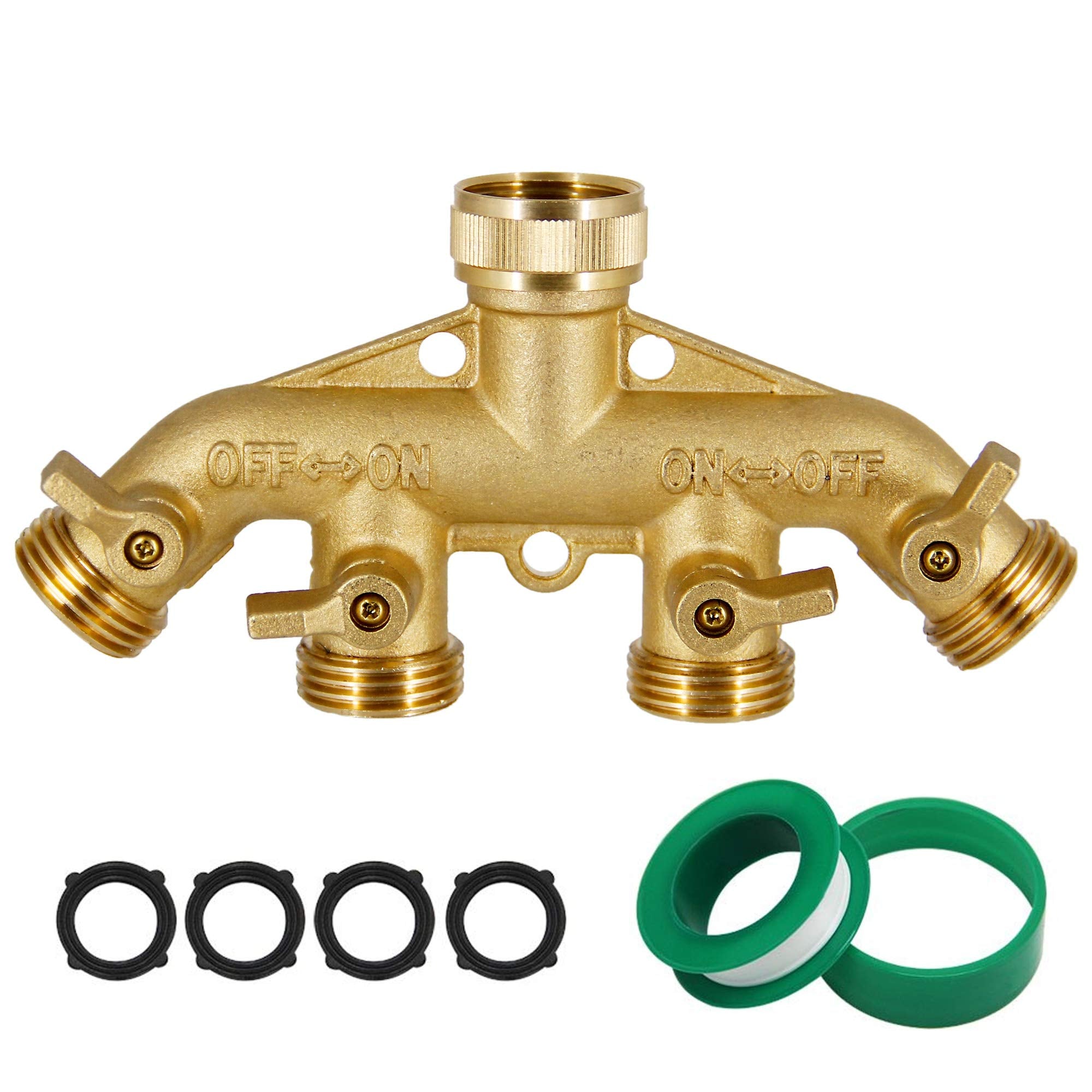 Lifynste 4-way brass hose splitter showing sturdy construction for outdoor watering