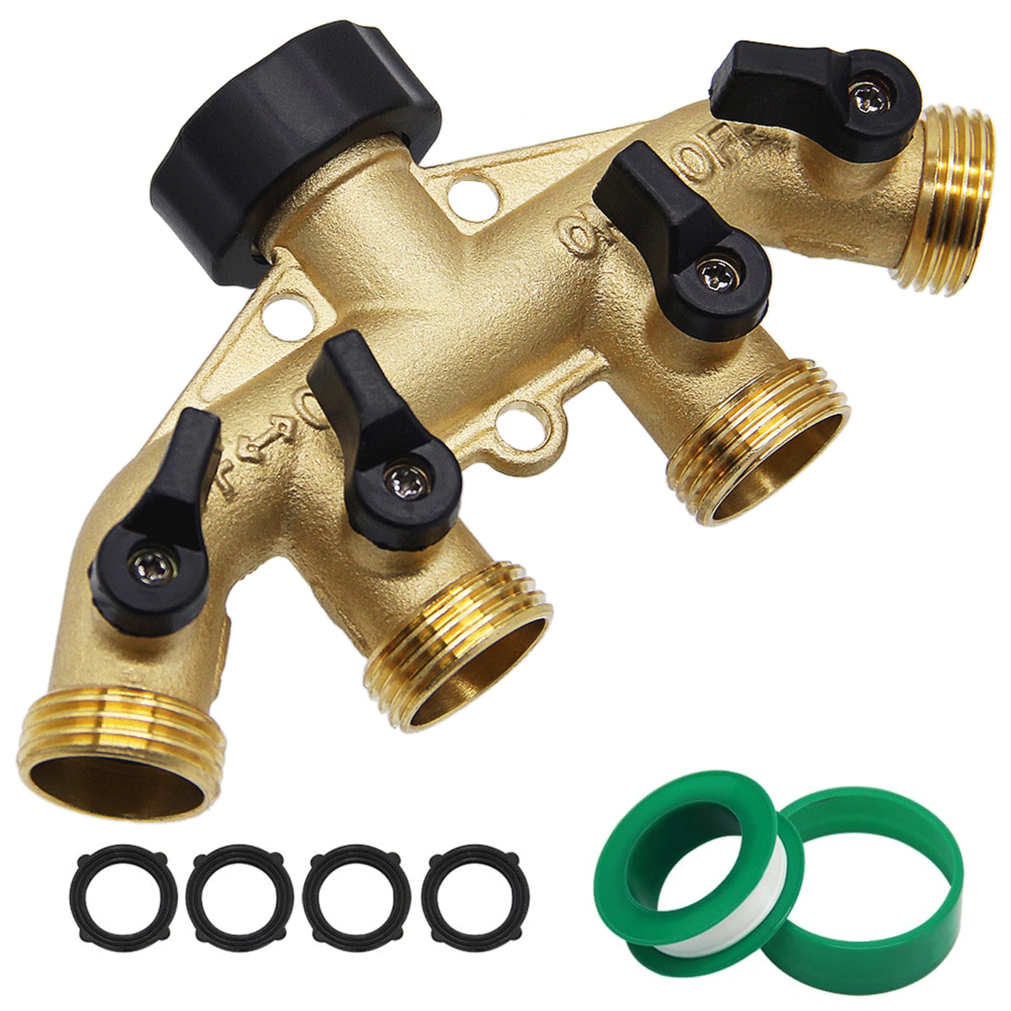 Lifynste 4-way brass hose splitter front view shows durable distribution options.