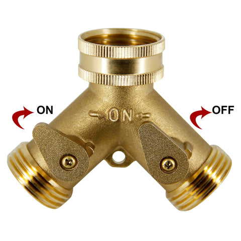 Lifynste brass hose splitter valves close-up showing independent control.