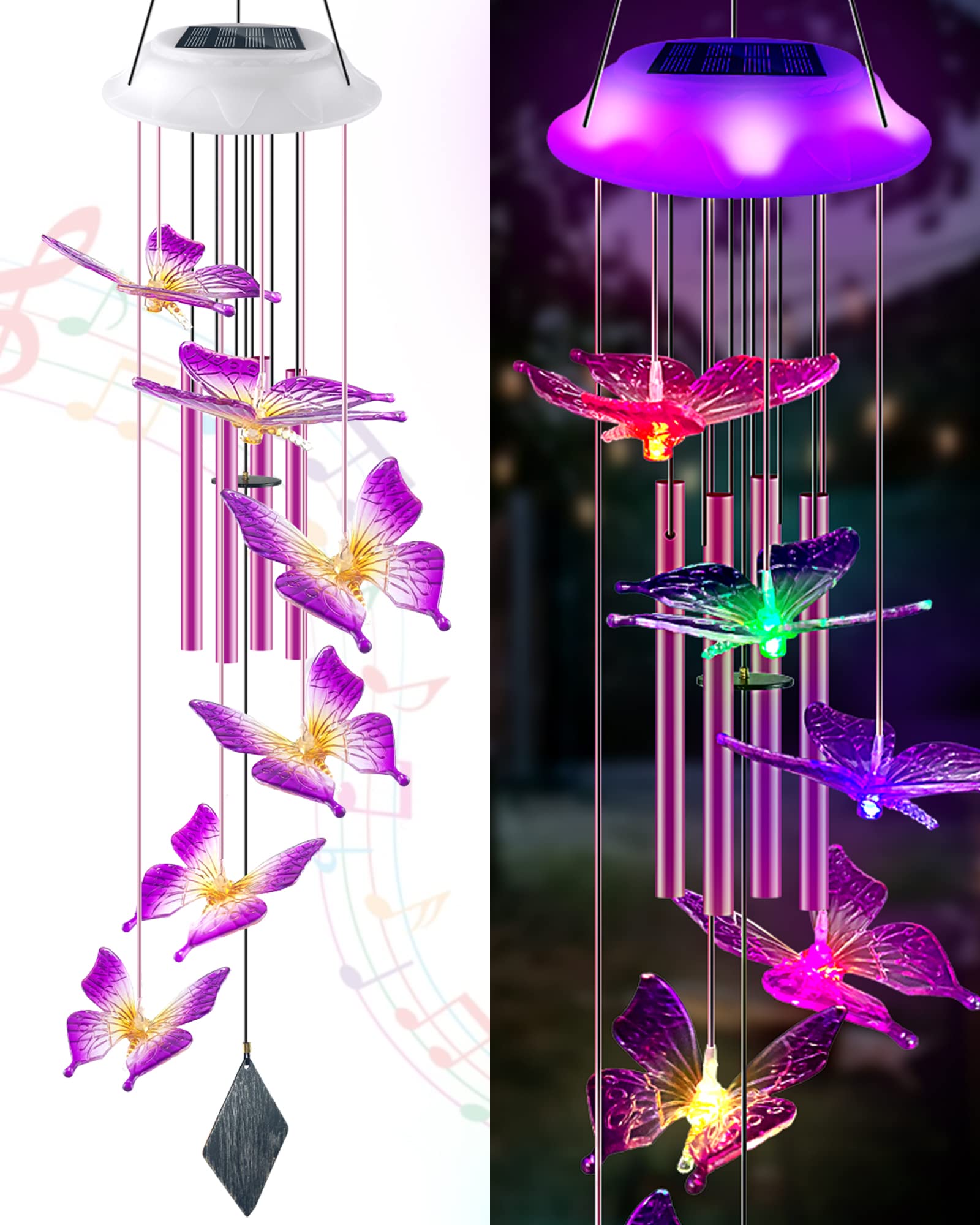 Lightalent Solar Butterfly Wind Chimes glow at night with colorful butterflies for outdoor charm.