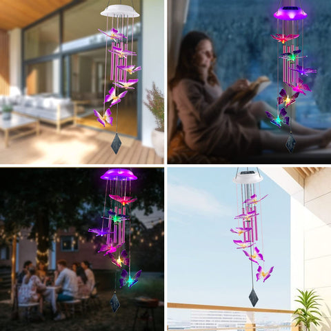 Lightalent Solar Butterfly Wind Chimes illuminate your yard after dusk with a gentle glow.