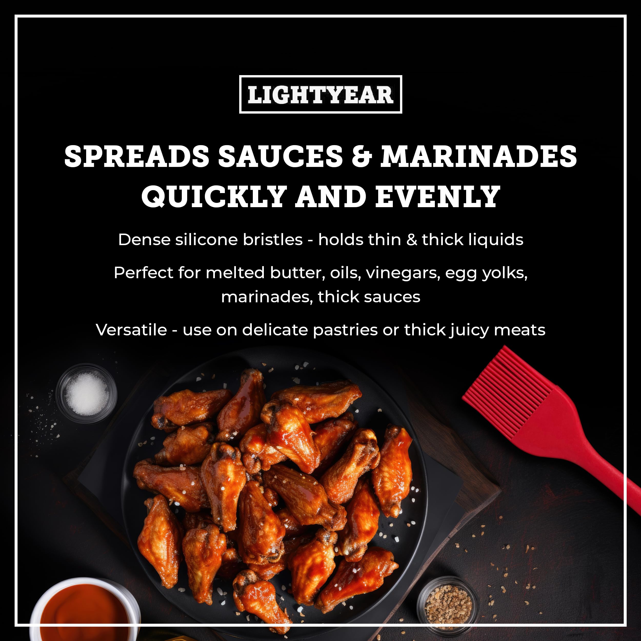 Lightyear 450°F heat-resistant brush perfect for grilling and baking glazes.