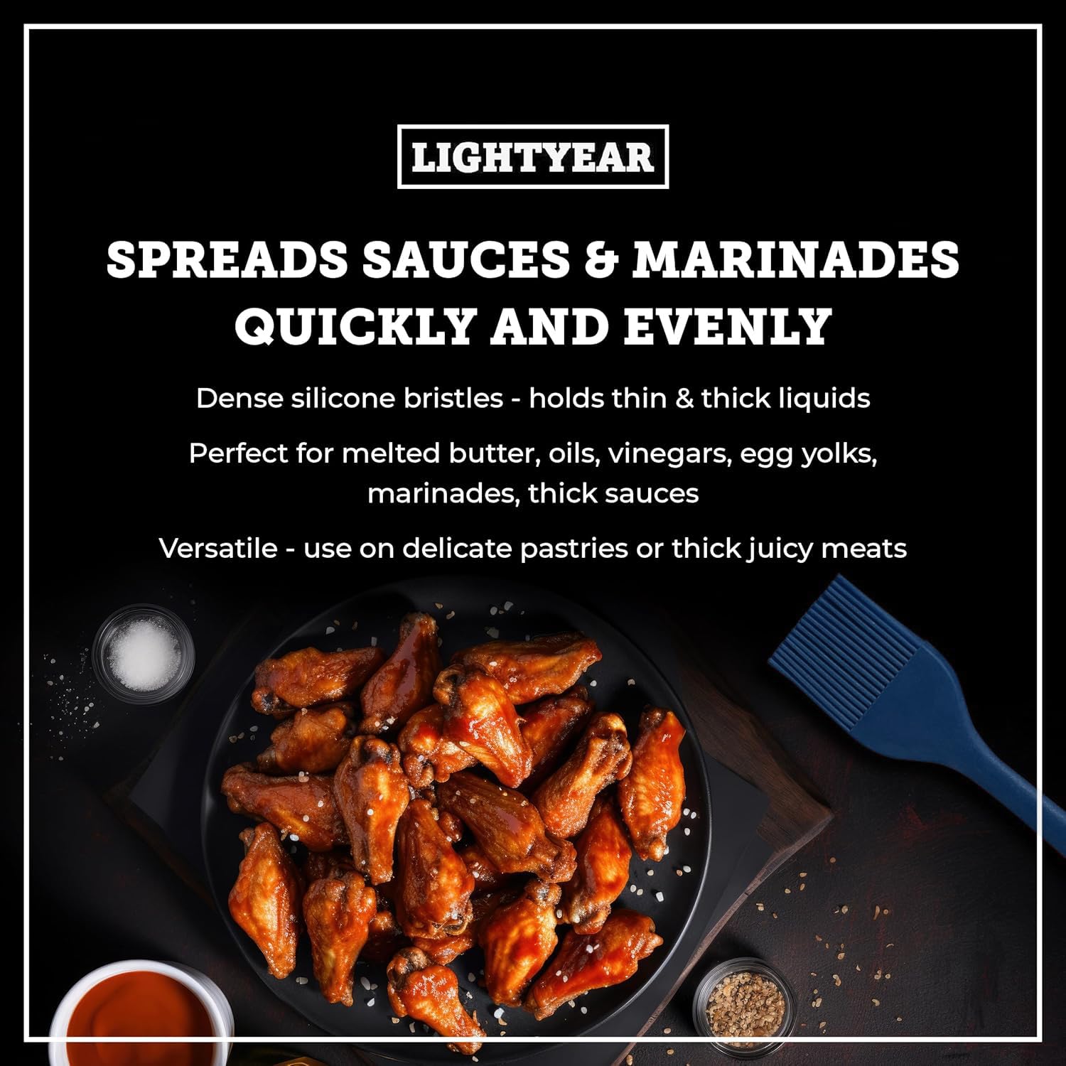 Blue Lightyear grill-ready brush used for even glaze on barbecue meats.