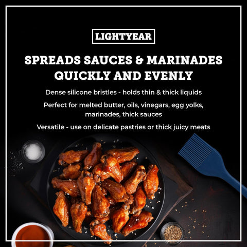 Blue Lightyear grill-ready brush used for even glaze on barbecue meats.