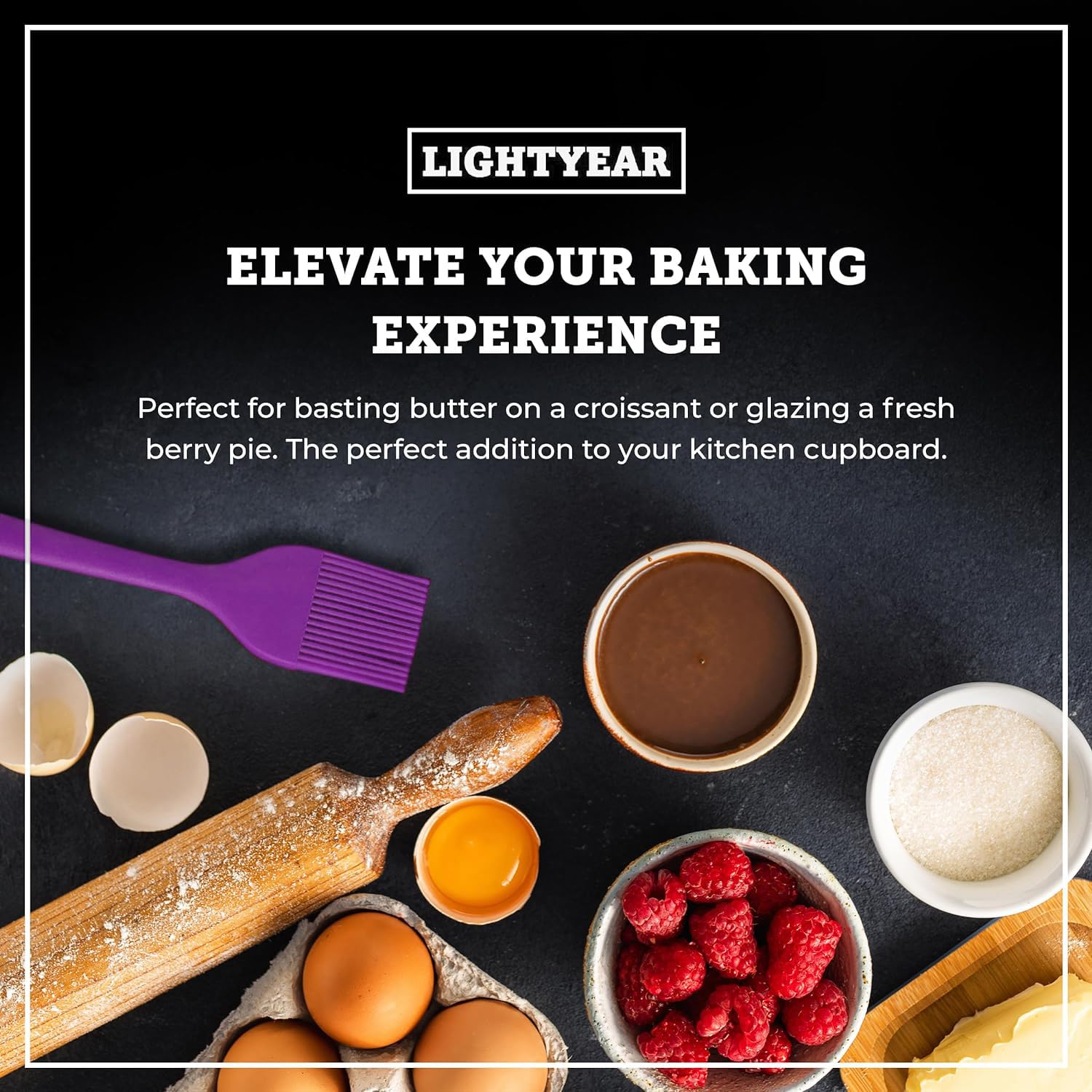 Lightyear brush with dense bristles absorbs sauces evenly for thorough basting.